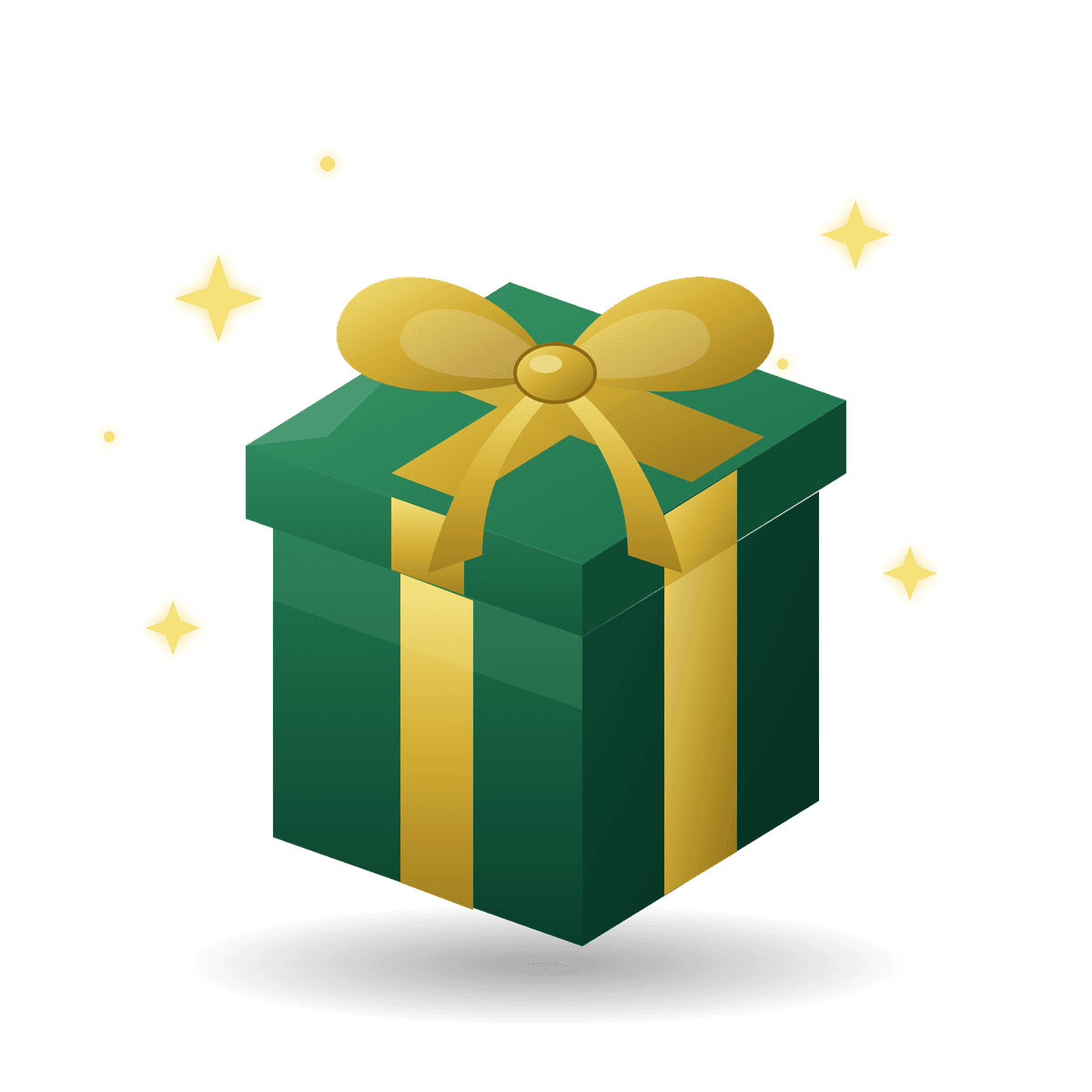 Green gift box with a gold ribbon and bow