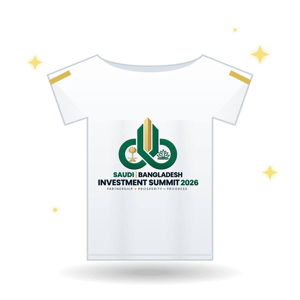 White T-shirt printed with the Saudi–Bangladesh Investment Summit 2026 emblem